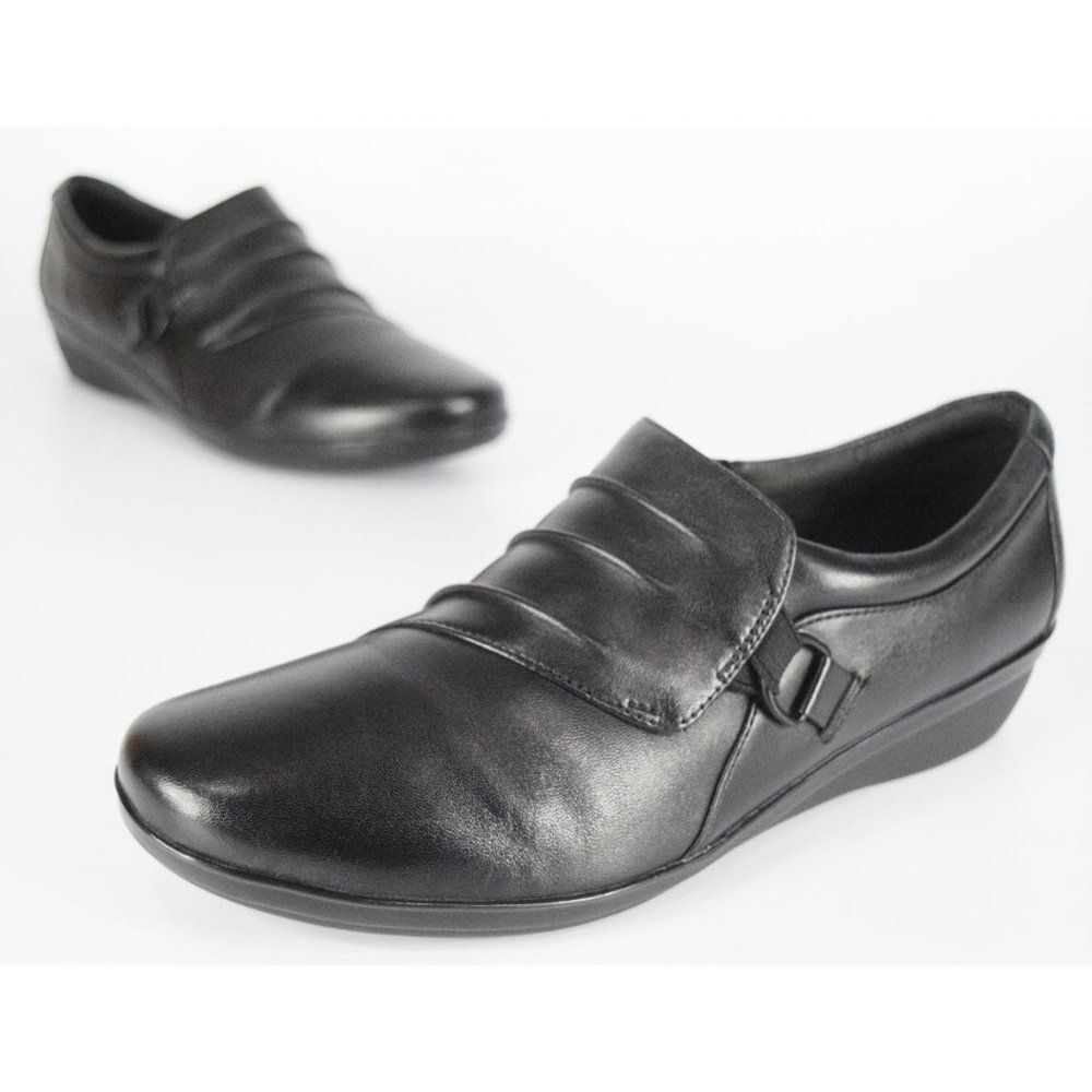 Clarks Everlay Heidi Black Monkstrap Wedge Loafers - Picture 1 of 8
